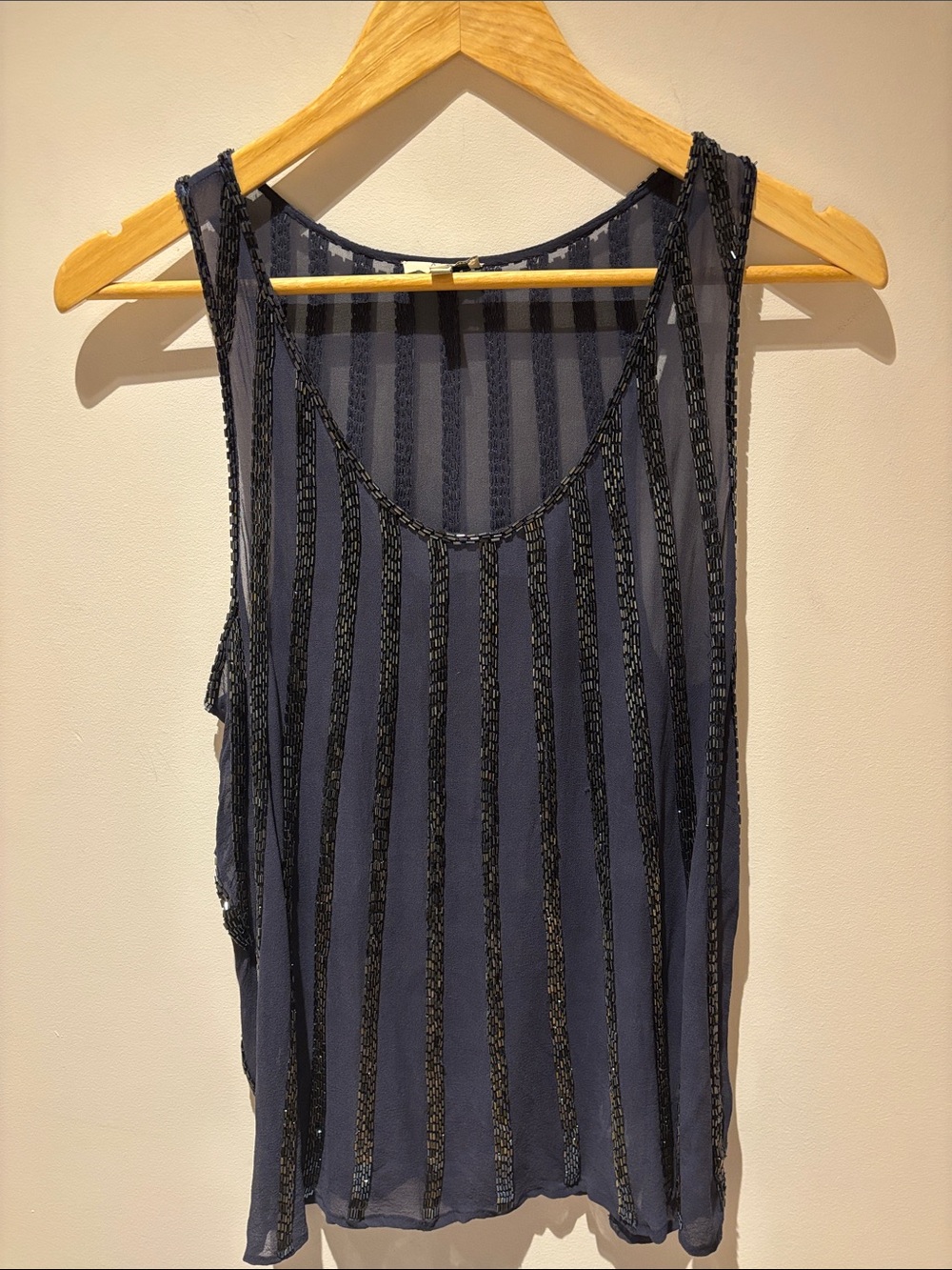 Joie 100% silk Navy Sheer Beaded Vertical-Stripe Tank